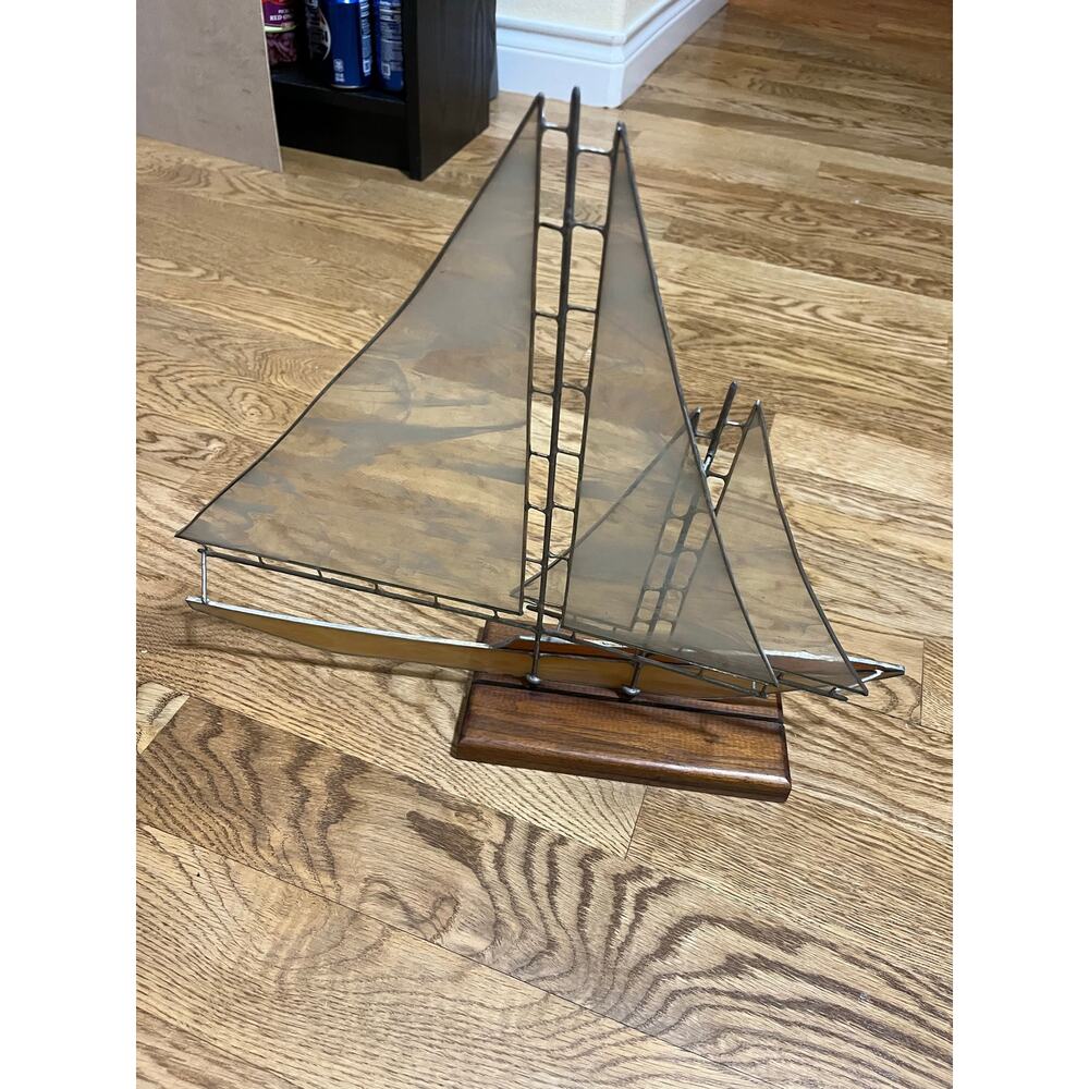 handcrafted stained glass sailboat sculpture with white sails and a wooden base - Picture 3 of 3